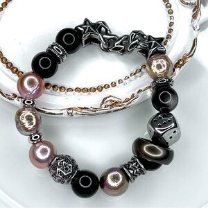 🤩🤩 Handmade Tahitian Sea Pearl Metallic Edison Pearl Silver Obsidian Bracelet